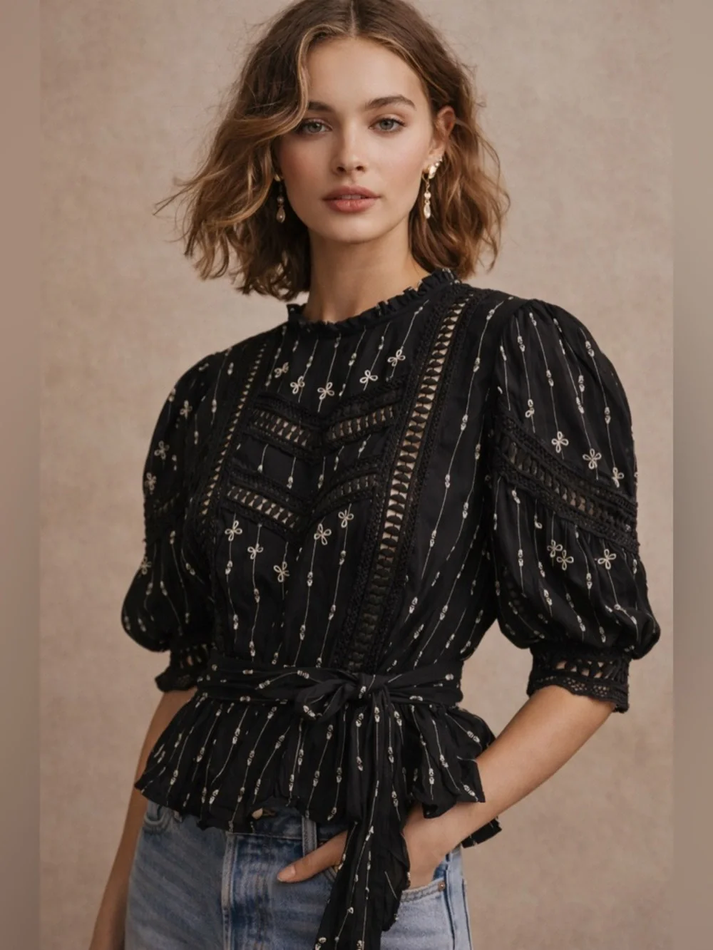 Anthropologie Rahi Black Lace Peplum Blouse Puff Sleeve Tie Waist Boho Top L
